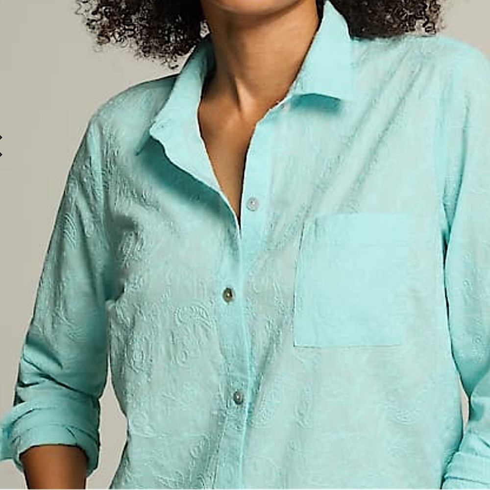 J. Jill Floral Embroidered One-Pocket Button‎ Up Shirred-Back Shirt Sea Mist XL